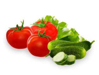 Tomato, cucumber vegetable and lettuce salad on white background