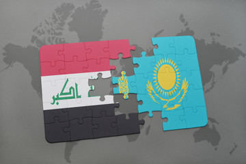 puzzle with the national flag of iraq and kazakhstan on a world map background.
