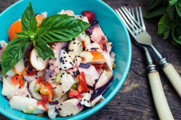 Fresh salad with seafood and vegetables