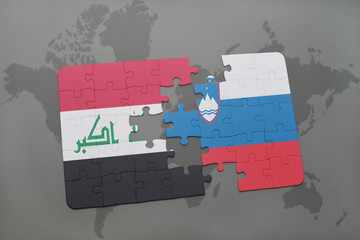 puzzle with the national flag of iraq and slovenia on a world map background.
