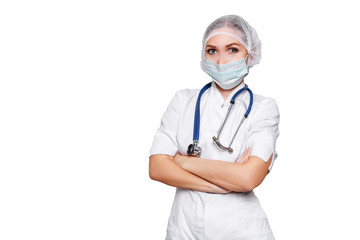 Fototapeta premium Medical surgeon doctor woman isolated on wihte. With place for medical advertise. Medical advertising concept.