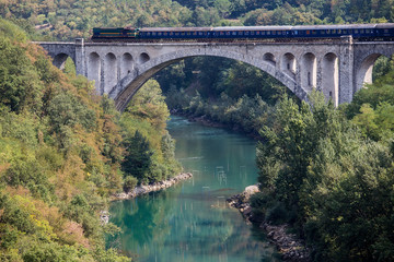 Fototapeta na wymiar Diesel Train on Solkan Bridge, Solkan, Nova Gorica, Slovenia