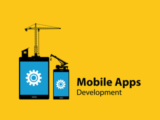 mobile apps development concept with tab and smartphone with gear and construction tools