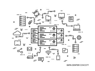 Linear data center (server park, hosting center) vector illustration. Data center (network equipment, hosting storage) creative concept. 