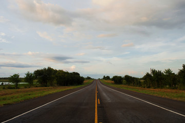 Fototapeta premium Country road with green trees along the way and cloudy sky