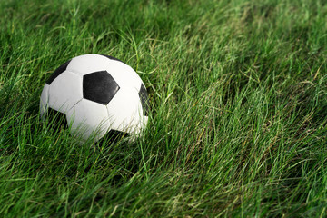 Soccer football on grass field, Soccer ball in fresh green summer or spring field grass