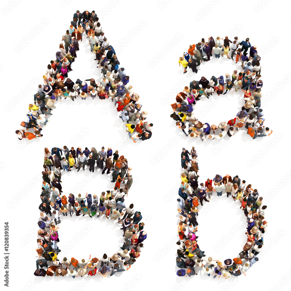 Fototapete collection of a large group of people forming the letter a and b in both upper and lower case isolat