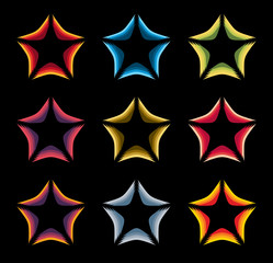 Isolated abstract colorful stars contour logo set on the black baackground. Rating element logotypes collection. Celebrities symbol. Decorative signs. Vector illustration.