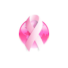 Fototapeta premium Isolated white ribbon on the pink background logo. Against cancer round shape logotype. Earth image. Stop disease symbol. International worldwide breast cancer week. Medical sign. Vector illustration.