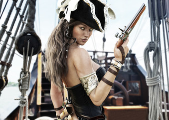 Profile of a Sexy Pirate female captain standing on the deck of her ship with pistol in hand. 3d rendering