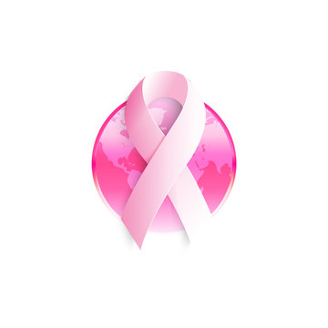 Isolated white ribbon on the pink background logo. Against cancer round shape logotype. Earth image. Stop disease symbol. International worldwide breast cancer week. Medical sign. Vector illustration.
