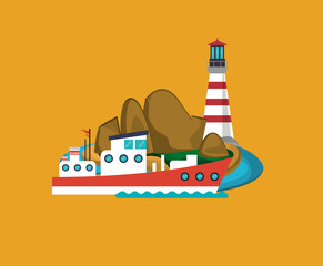 tropical island and boat emblem image vector illustration design 