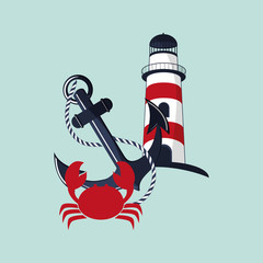 lighthouse with crab and anchor emblem image vector illustration nautical design 