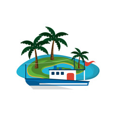 flat design tropical island and boat or ship  icon vector illustration