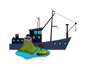 flat design fishing boat and volcano island  icon vector illustration