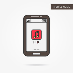 Linear mobile music service. Flat phone music storage. Mobile web music technology symbol. Creative mobile music app graphic design. Vector music software sign illustration.