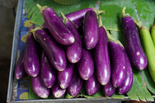 Fresh Eggplant purple in market, Organic vegetables, selective focus