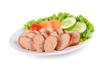 tasty grilled meat sausages isolated on white background