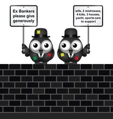 Comical threadbare poor bankers begging 