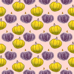 Seamless watercolor pumpkins pattern on pink background,wireframe rendering