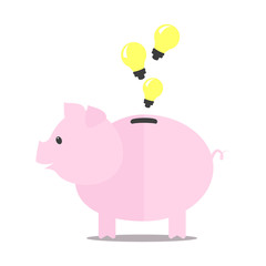 Pink piggy bank idea bulb concept isolated on white background.