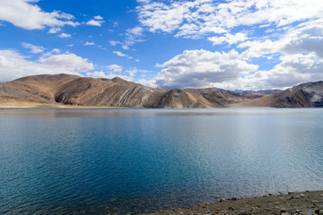 Pangong lake in the morning with blue sky and blue water