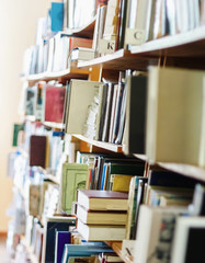 books on a shelf in the library, reading, and science education,