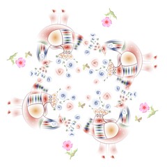 Lovely tablecloth. Bandana print with fairy birds and pink flowers.