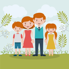 Mother father son and daughter icon. Family and relationship theme. Clouds and leaves background. Vector illustration