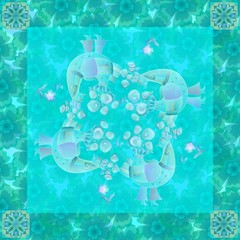 Year of the Rooster. Festive bandana print with fantasy birds on floral background. Gentle silk neck scarf. Kerchief square pattern design style for print.