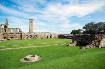 Views of the village, ruins of the cathedral and castle, beach and golf course St. Andrews, Scotland