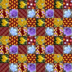 Seamless patchwork pattern with colorful patches with flowers, pears, dots and squares. Template for pillowcase, cushion, bedding. Lovely tablecloth.