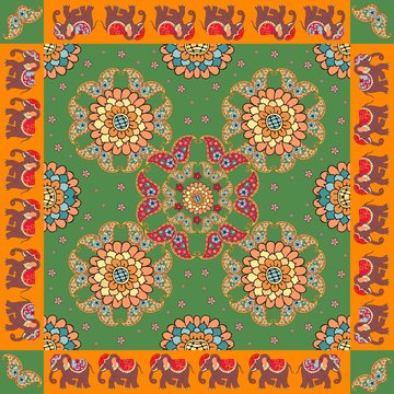 Ethnic bandana print with ornament border. Silk neck scarf with beautiful flowers, paisley and elephants. Summer kerchief square pattern design style for print on fabric.