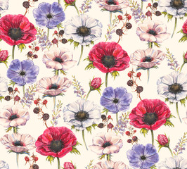 Hand-drawn watercolor seamless floral pattern with beautiful anemones and berries. Repeated print with blossom for the wrapping paper, textile and wallpapers. Vintage stylish background