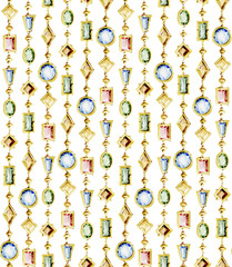 Watercolor seamless pattern of  jewelry chains and multicolor gemstones.