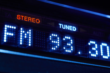 FM tuner radio display. Stereo digital frequency station tuned