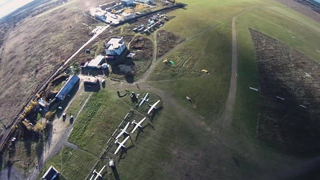 Skydiver Landing On Green Field. Extreme Sport. Sunny Day. Parachutes. Summer