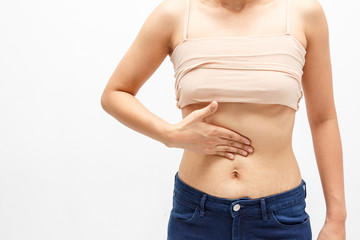 Stomach pain . Food poisoning, dyspepsia. Negative human emotion expression reaction health issues problems on a white background