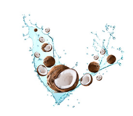 Water splash with fruits isolated on white background. Fresh coconut