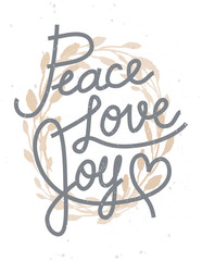 Peace, love, joy Christmas lettering quote with a golden wreath for invitations, greeting cards and other designs