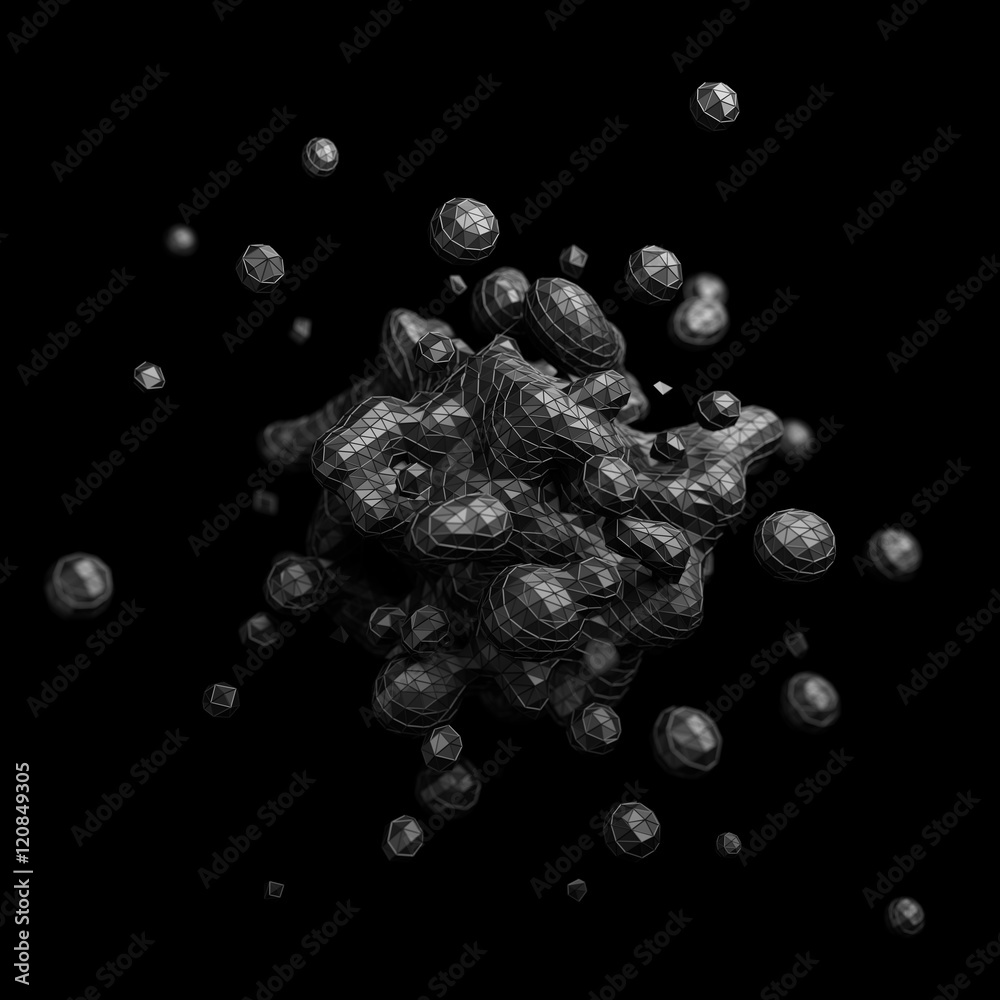 Poster abstract 3d rendering of chaotic low poly liquid. background with dynamic polygonal fluid splash. de