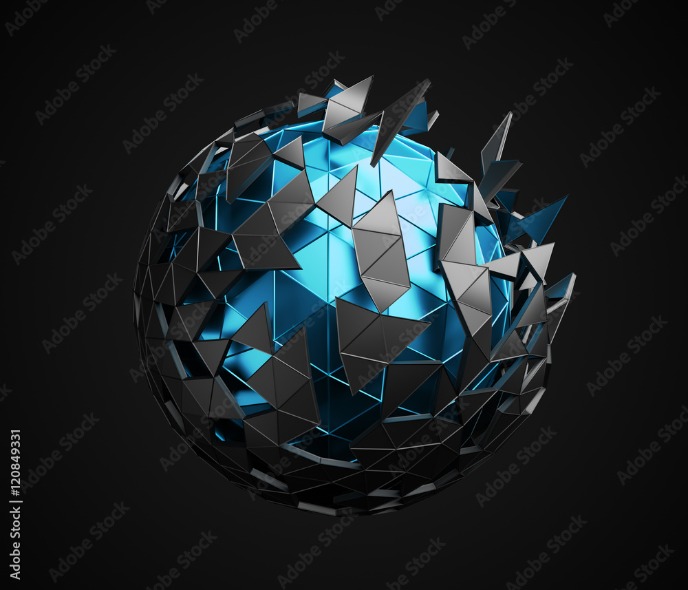 Poster abstract 3d rendering of low poly sphere with chaotic structure. sci-fi background with polygonal sh