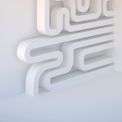 3d illustration. Abstract white three-dimensional architectural composition, background. Image and association: microcircuit, pipeline, labyrinth, intestine. Render, place for text.