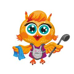 Vector cute owl. Cartoon character housewife .