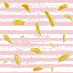 Hand drawn pink ink abstract striped with golden smears seamless pattern. Vector grunge texture.