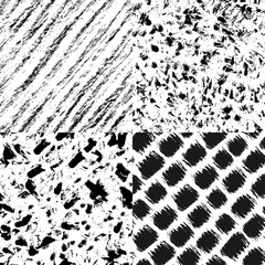 Hand drawn black ink abstract grunge seamless patterns set. Vector background. Monochrome paint brush smears on white background.