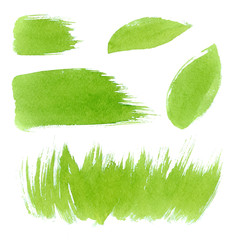 Vector green watercolor natural, organic, bio, eco labels and shapes, strokes, grass, leaves on white background. Hand drawn stains set.
