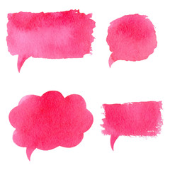 Vector collection of pink watercolor speech bubbles, rectangles, shapes on white background. Hand drawn paint stains set.