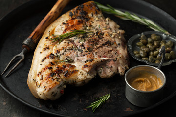 Delicious grilled pork with spices and mustard