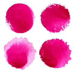 Vector natural pink watercolor labels and shapes on white background. Hand drawn painted stains set.